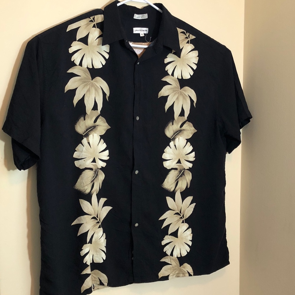 Pierre Cardin Hawaiian Shirt SS Black Floral 2XL